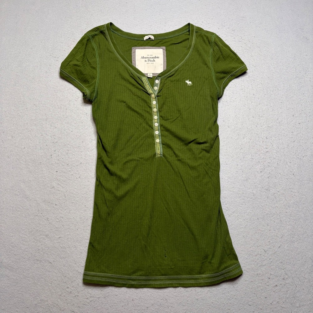 Abercrombie & Fitch Henley Women M Green Y2K Ribbed Short Sleeve Distressed Top